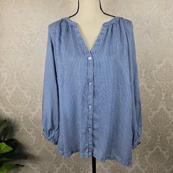 LOFT Outlet Size XL BLue White Vertical Stripe Blouse Button Front Long Sleeve - Picture 1 of 14